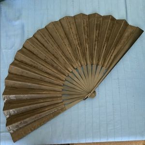 Antique Asian Fan, Dark Brown with Floral Embossing.